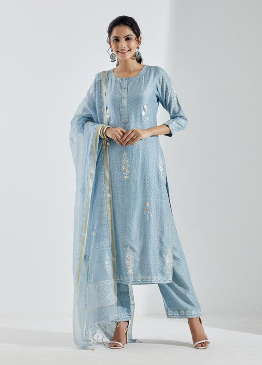 Noor Powder Blue Straight Kurta 3Pc Set