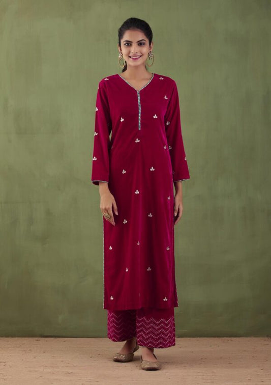 Sunehri Embroidered- Straight Kurta and Plazzo With Gotta Patti Work