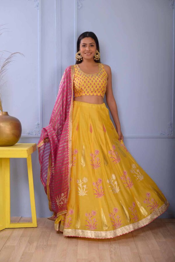 Jashan Mustered Yellow Foil Printed Cotton Silk Lehenga Set