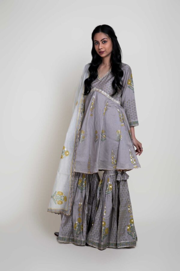 Foil Printed Flaired Kurta With Garara and Chandary Foil Printed Ivory Scalpin