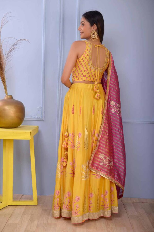 Jashan Mustered Yellow Foil Printed Cotton Silk Lehenga Set