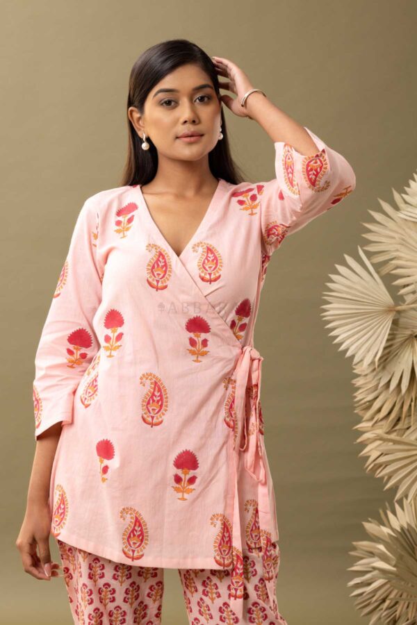 PHAGUN OLD ROSE PINK BLOCK PRINTED COTTON CAMBRIC ANGRAKHA KURTA WITH PANT SET OF 2