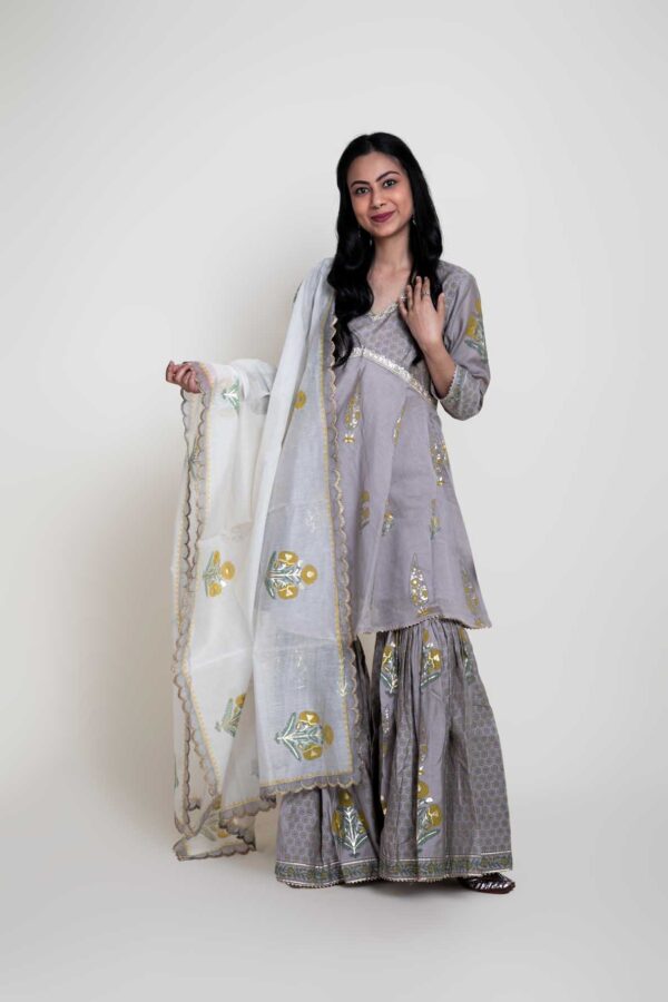 Foil Printed Flaired Kurta With Garara and Chandary Foil Printed Ivory Scalpin