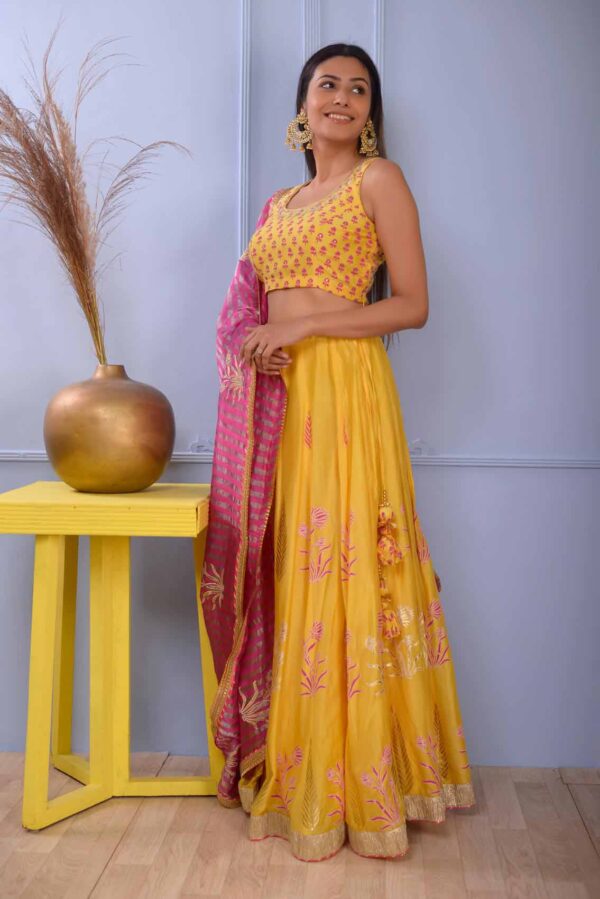 Jashan Mustered Yellow Foil Printed Cotton Silk Lehenga Set