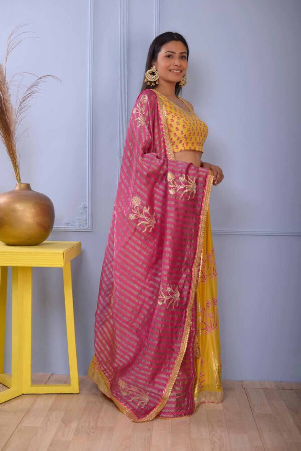 Jashan Mustered Yellow Foil Printed Cotton Silk Lehenga Set