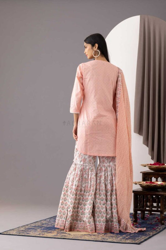 PHAGUN OLD ROSE PINK BLOCK PRINTED COTTON CAMBRIC GARARA SET OF 3