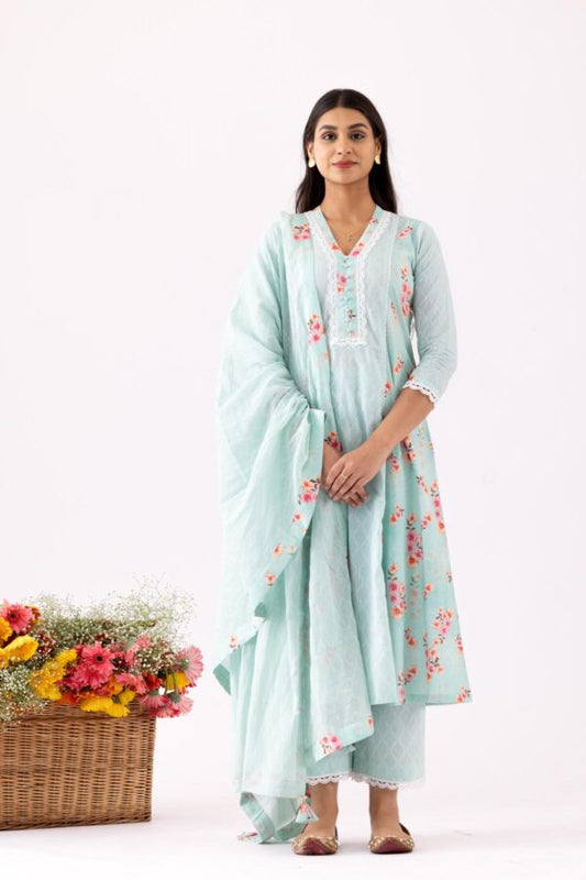 GULMEHER AQUA DIGITAL PRINT COTTON A-LINE KURTA WITH PLAZZO SET OF 3