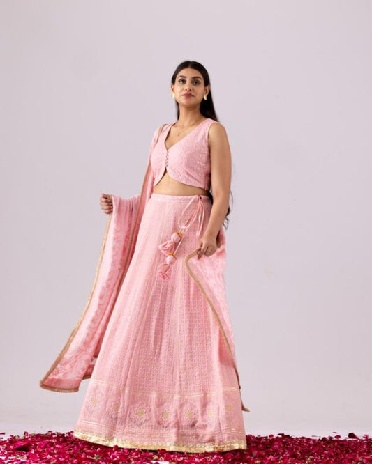 GULMEHER BABY PINK GEORGETTE CHIKANKARI LEHENGA SET OF 3