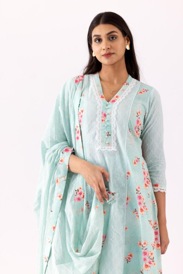 GULMEHER AQUA DIGITAL PRINT COTTON A-LINE KURTA WITH PLAZZO SET OF 3