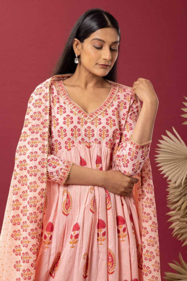 PHAGUN OLD ROSE PINK BLOCK PRINTED COTTON CAMBRIC GATHER KURTA SET OF 3