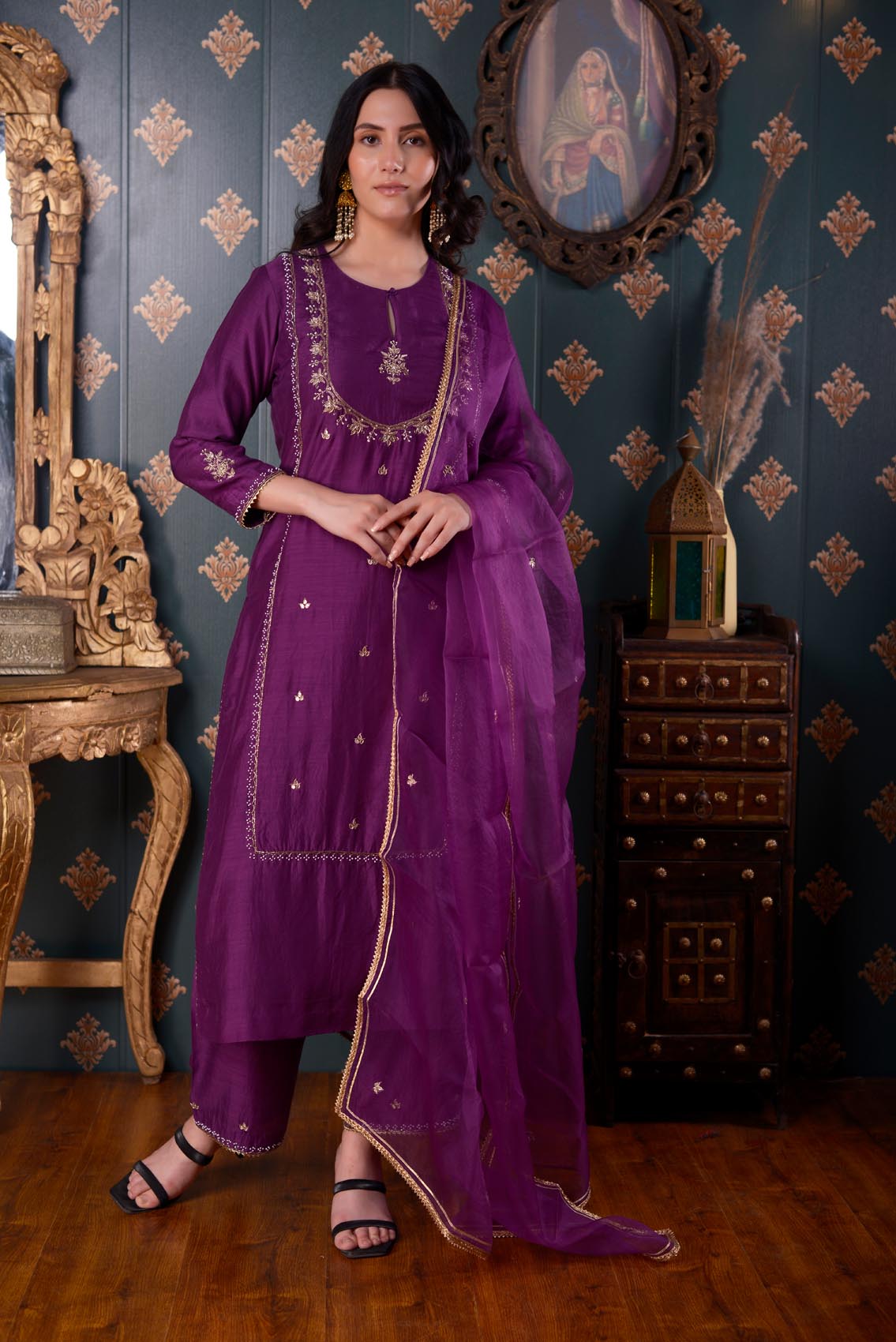 Jashan Hand Embroidery Purple Cotton Silk Kurta Set Of 3