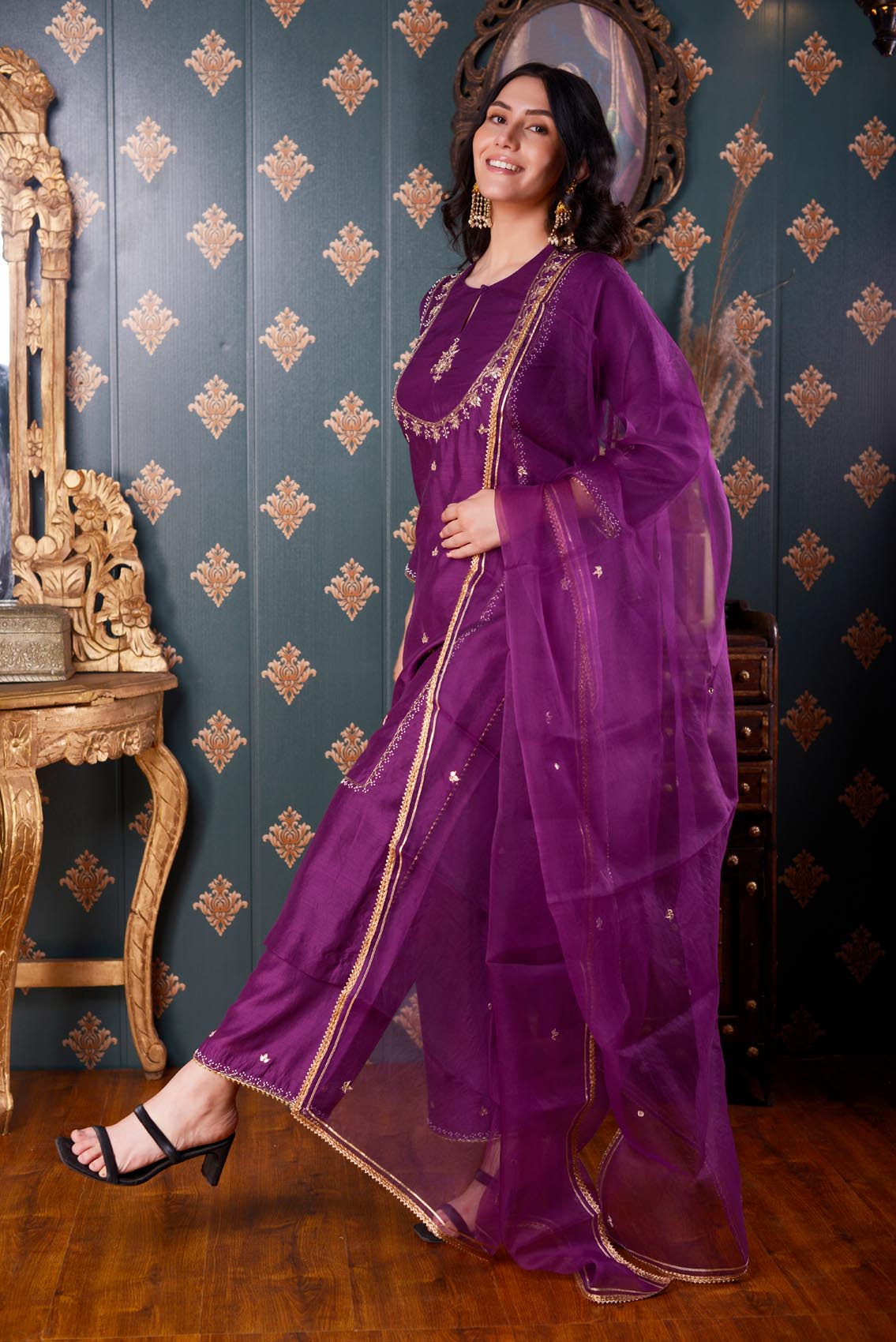 Jashan Hand Embroidery Purple Cotton Silk Kurta Set Of 3