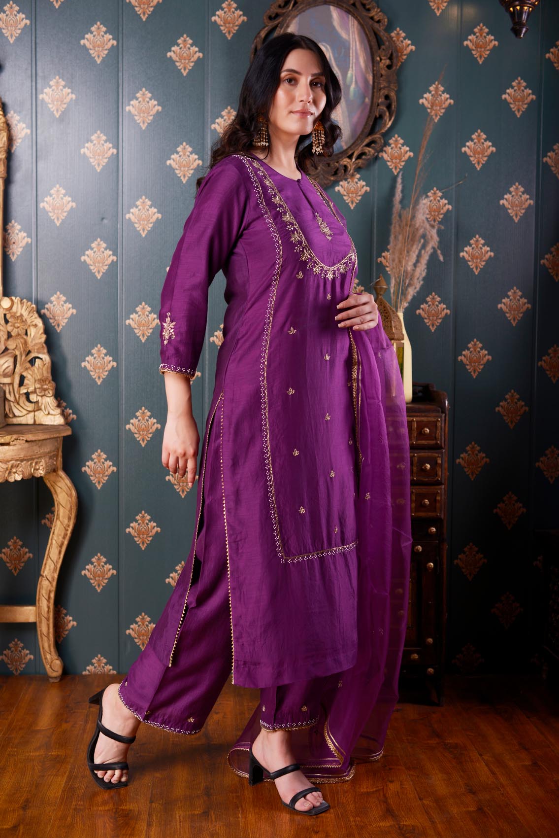 Jashan Hand Embroidery Purple Cotton Silk Kurta Set Of 3