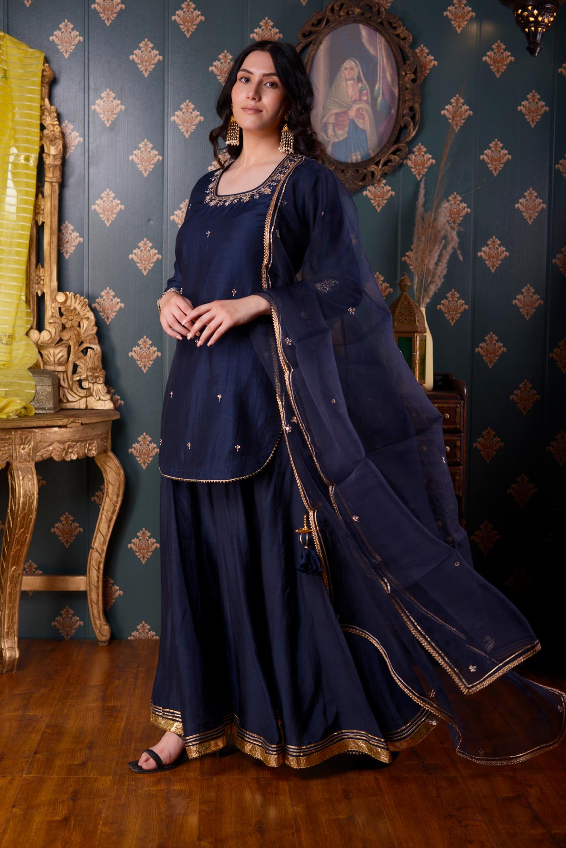 Jashan Hand Embroidery Navy Blue Cotton Silk Garara Set Of 3