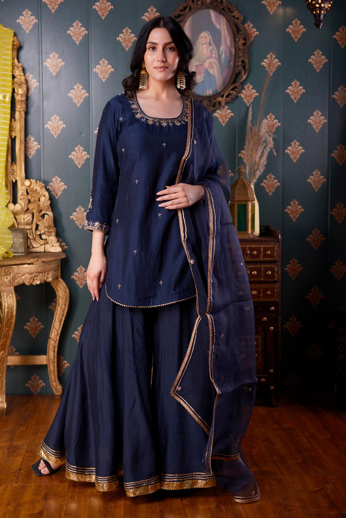 Jashan Hand Embroidery Navy Blue Cotton Silk Garara Set Of 3