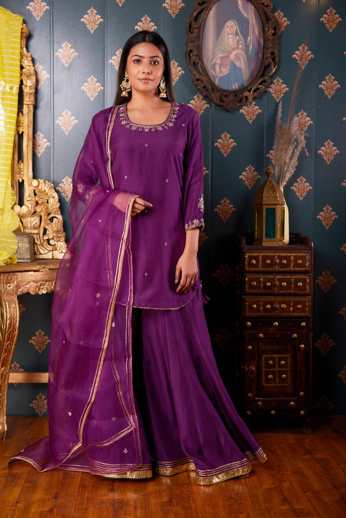 Jashan Hand Embroidery Purple Cotton Silk Garara Set Of 3