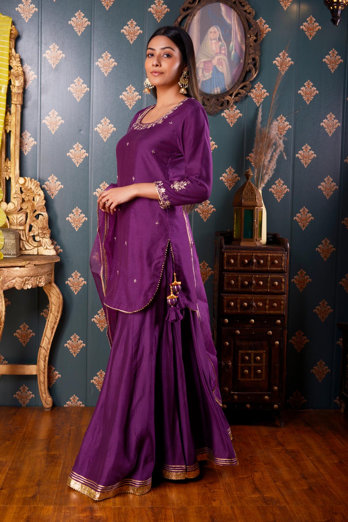 Jashan Hand Embroidery Purple Cotton Silk Garara Set Of 3