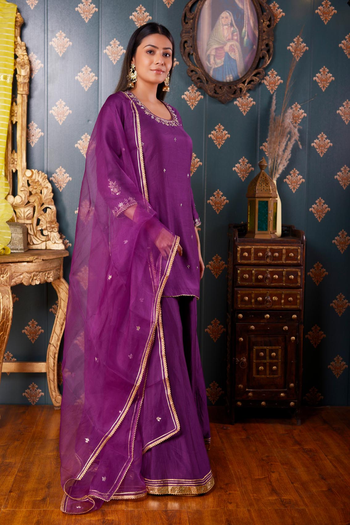 Jashan Hand Embroidery Purple Cotton Silk Garara Set Of 3