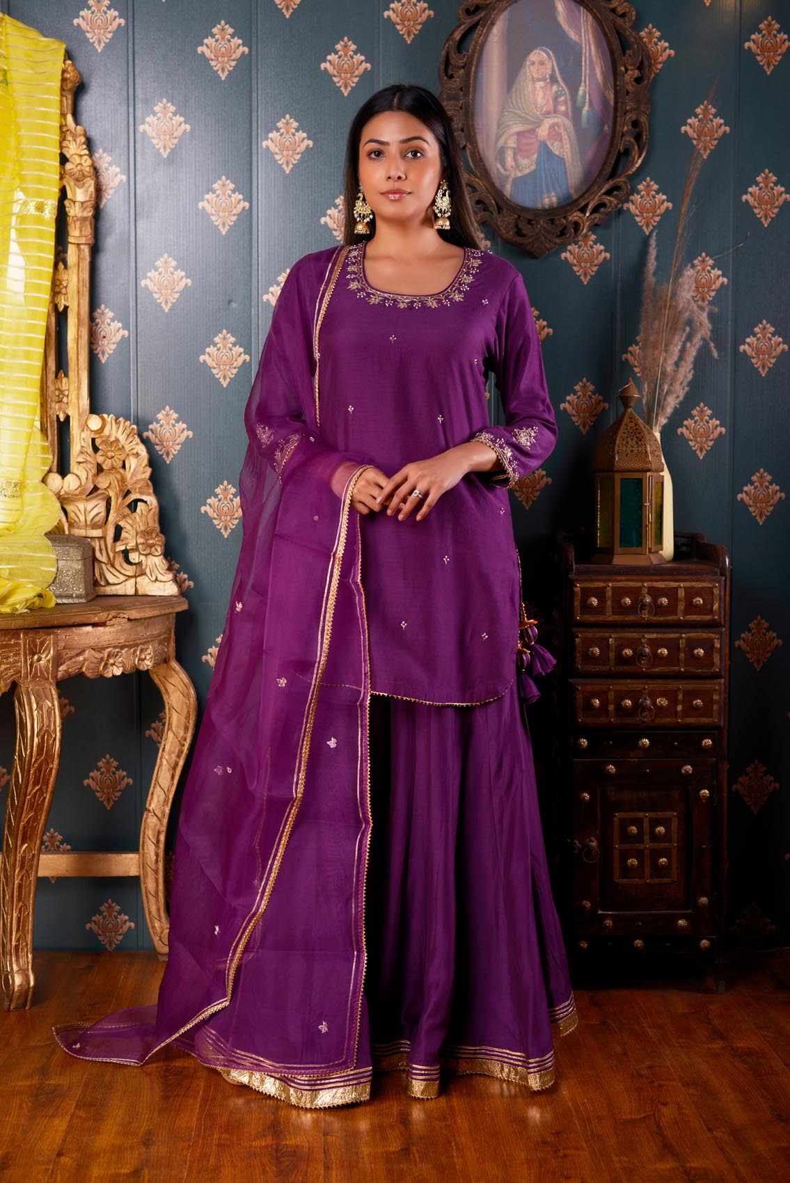 Jashan Hand Embroidery Purple Cotton Silk Garara Set Of 3