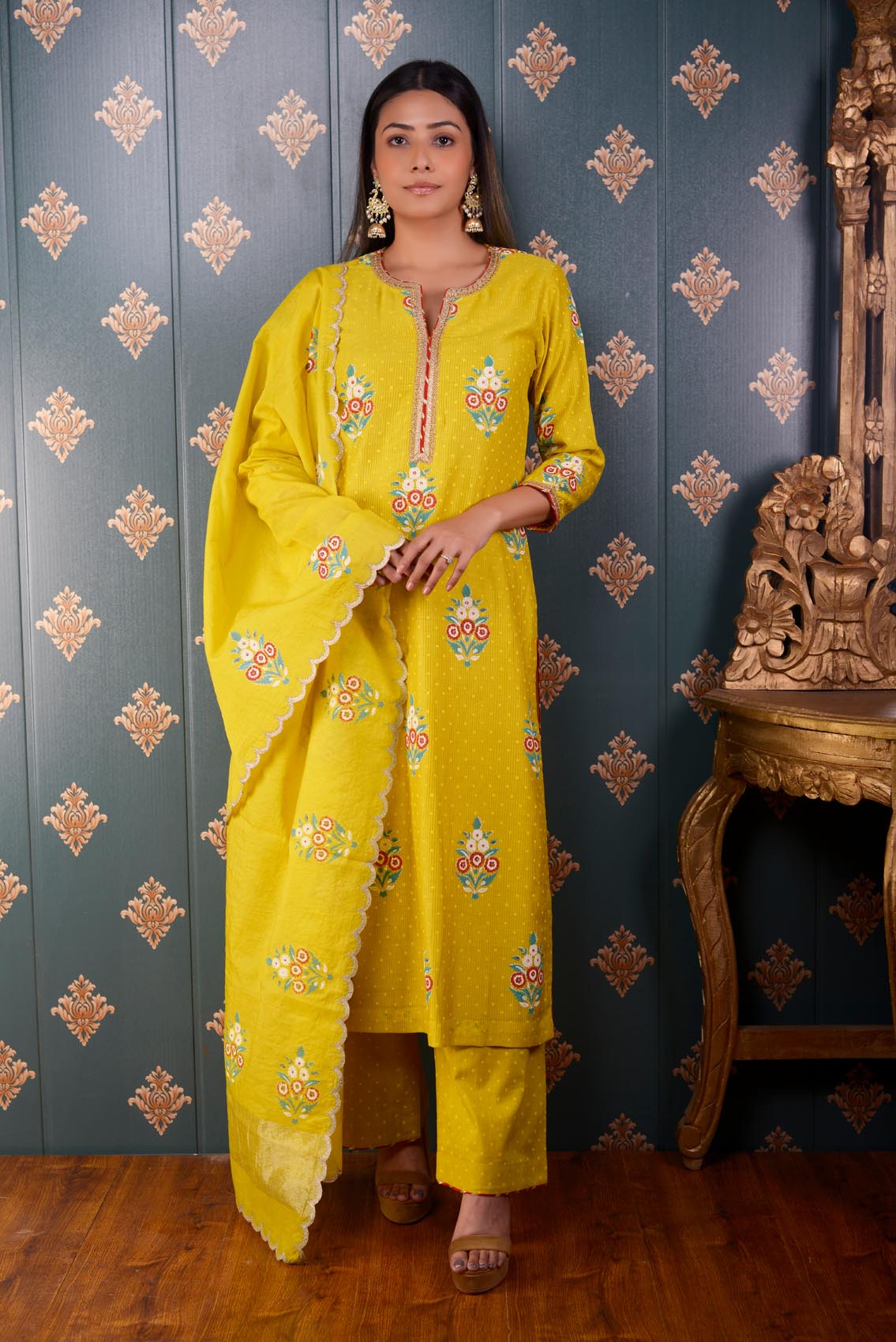 Jashan Hand Block Printed Lemon Yellow Moheswari Kurta Set Of 3