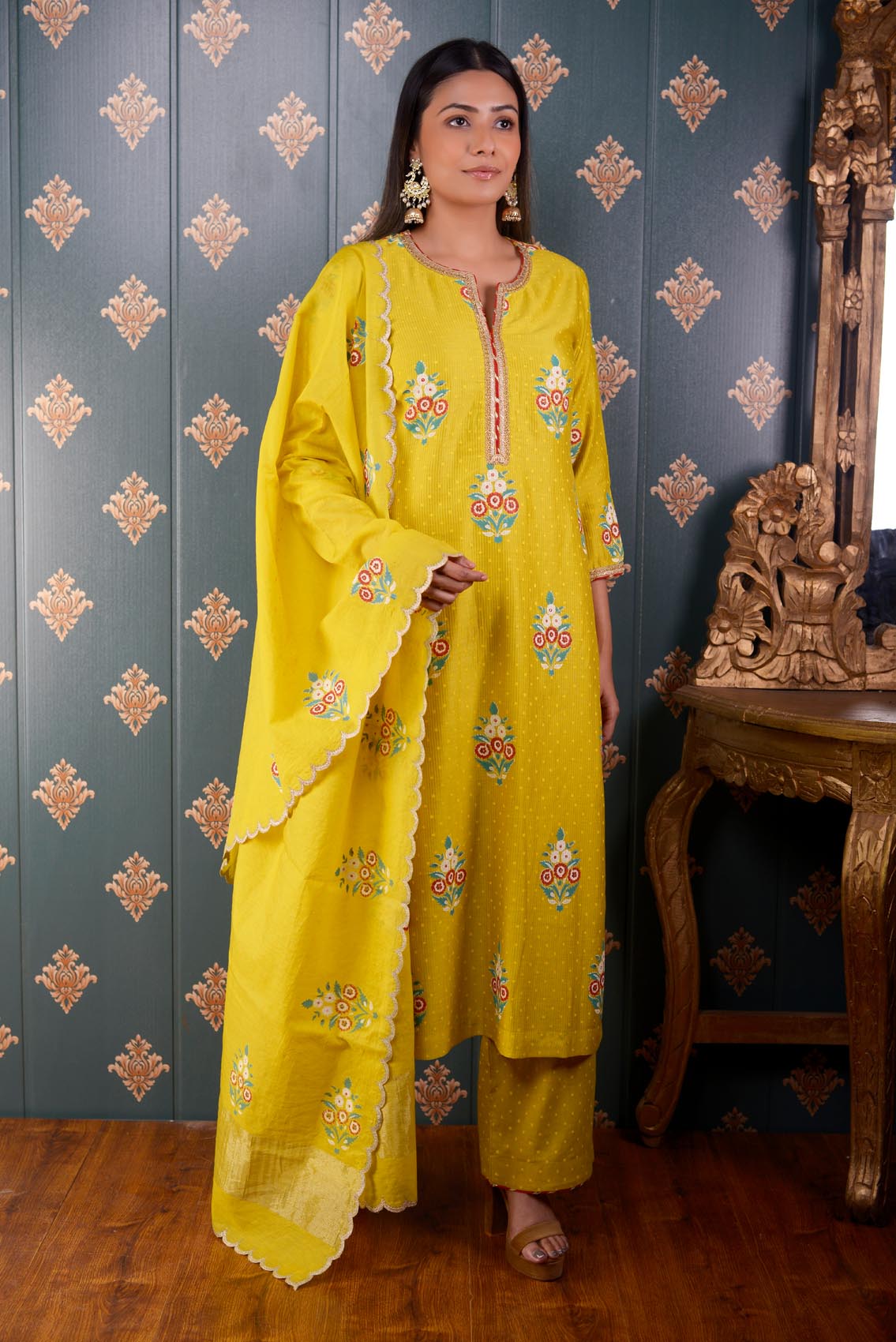 Jashan Hand Block Printed Lemon Yellow Moheswari Kurta Set Of 3