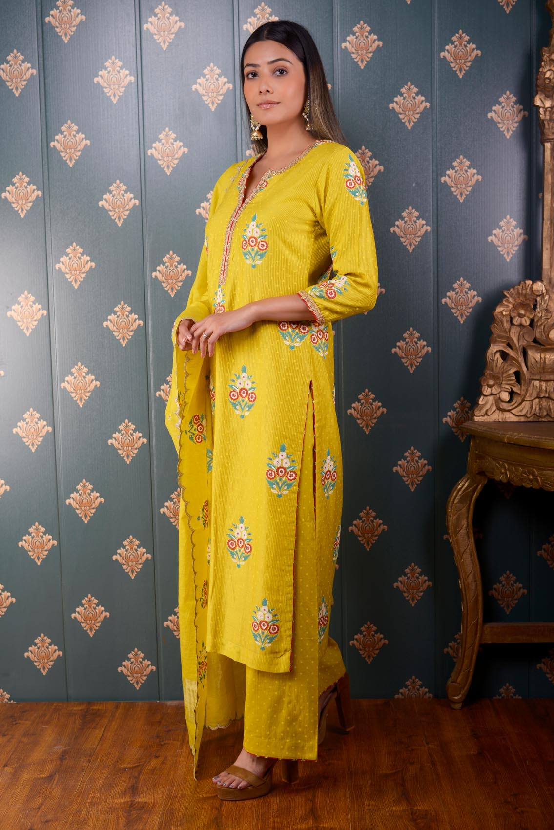 Jashan Hand Block Printed Lemon Yellow Moheswari Kurta Set Of 3