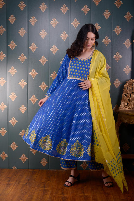 Jashan Royal Blue Banarasi Butty Chandary With Block Print Anarkali Set Of 3