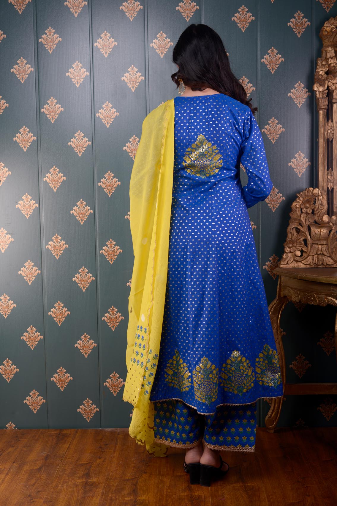 Jashan Royal Blue Banarasi Butty Chandary With Block Print Anarkali Set Of 3