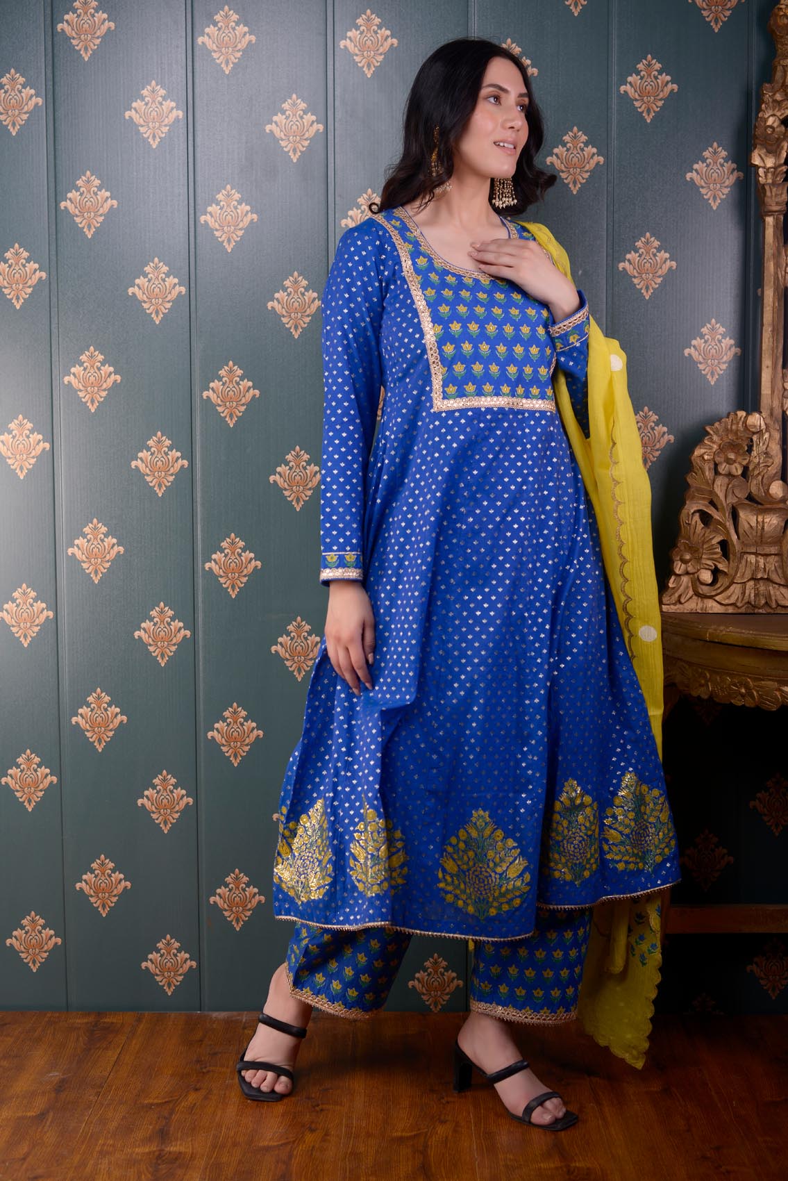 Jashan Royal Blue Banarasi Butty Chandary With Block Print Anarkali Set Of 3