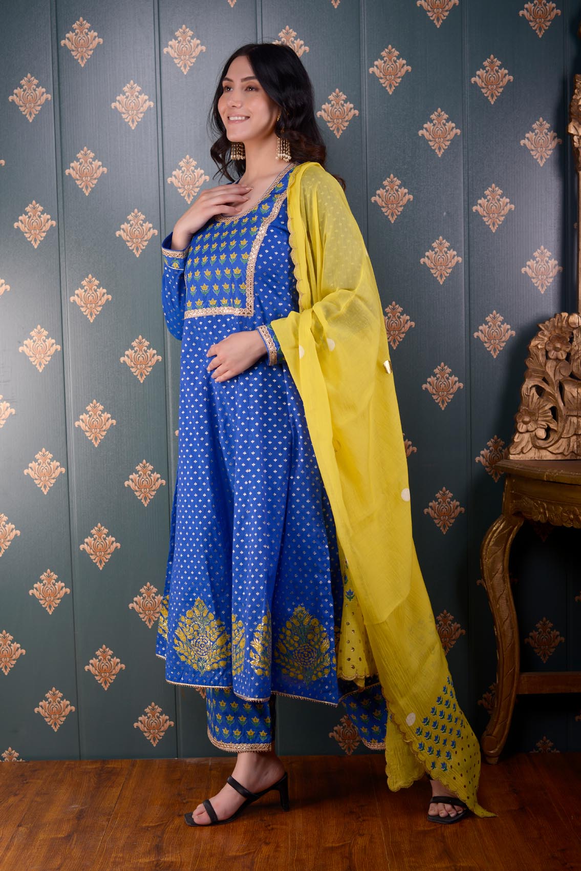 Jashan Royal Blue Banarasi Butty Chandary With Block Print Anarkali Set Of 3