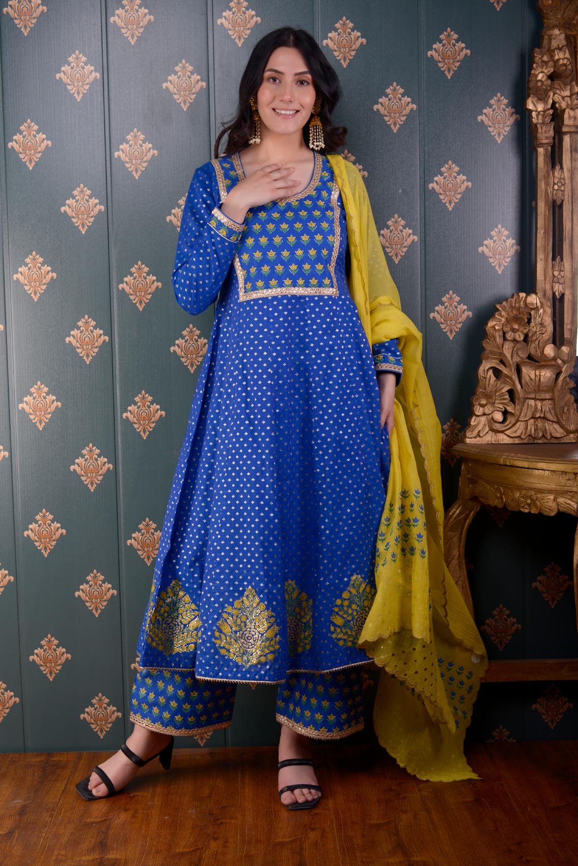 Jashan Royal Blue Banarasi Butty Chandary With Block Print Anarkali Set Of 3