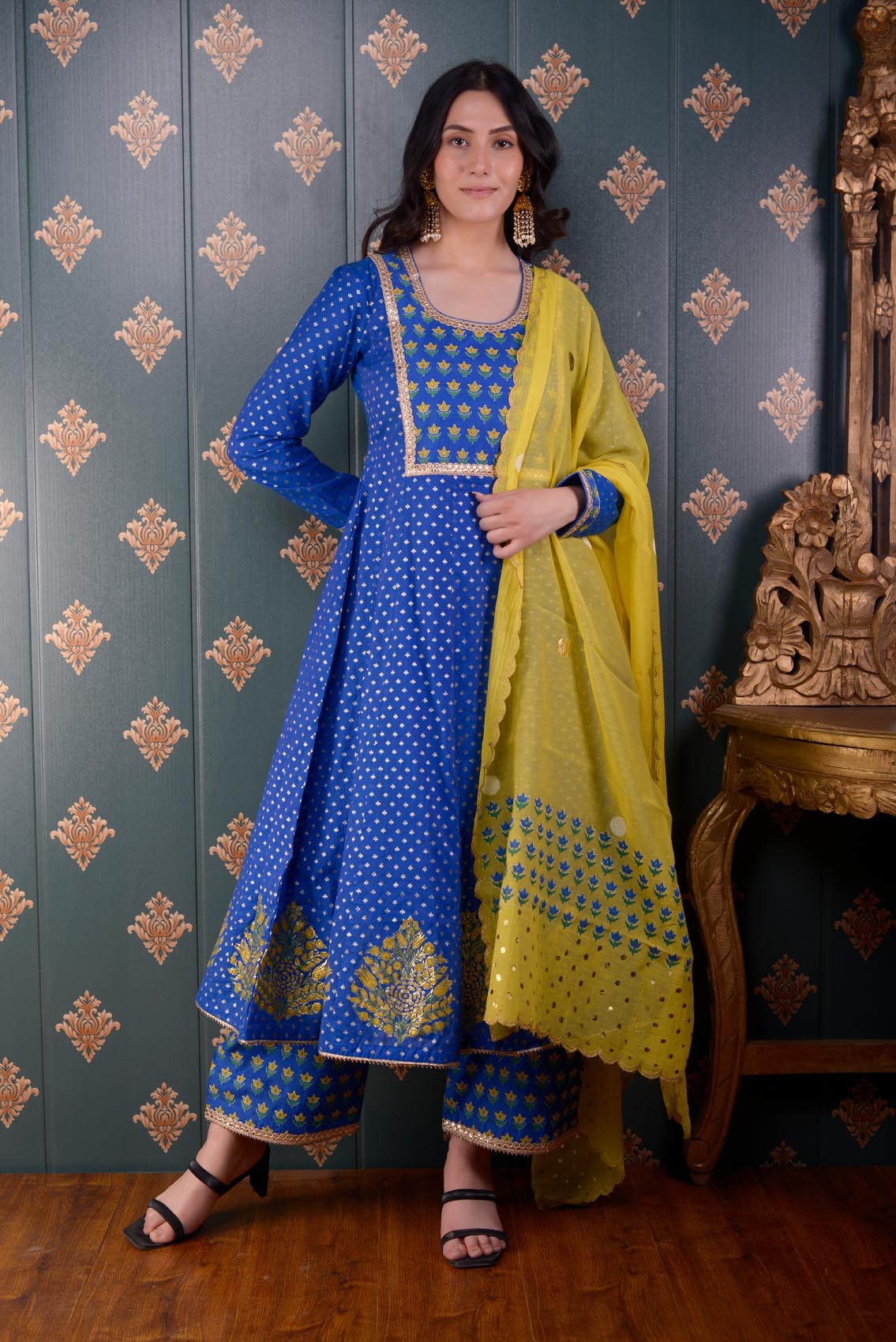 Jashan Royal Blue Banarasi Butty Chandary With Block Print Anarkali Set Of 3