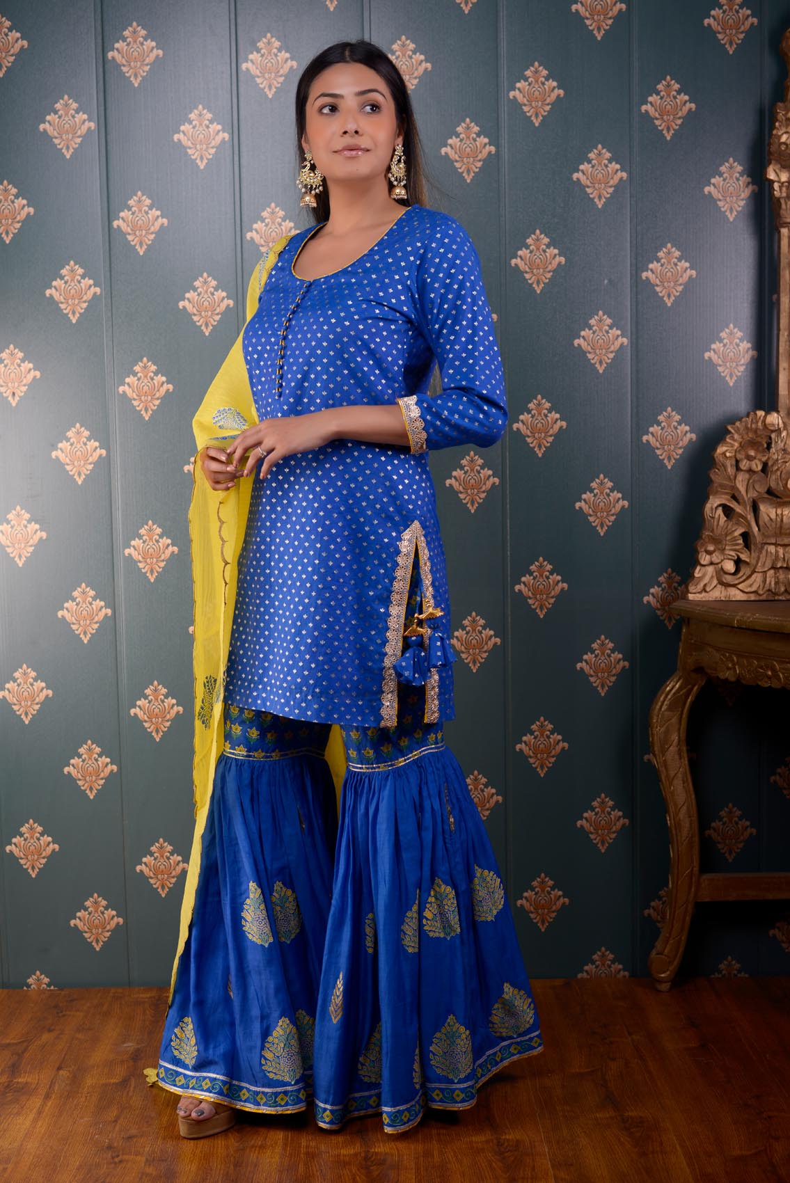 Jashan Royal Blue Banarasi Butty Chandary With Block Print Anarkali Set Of 3