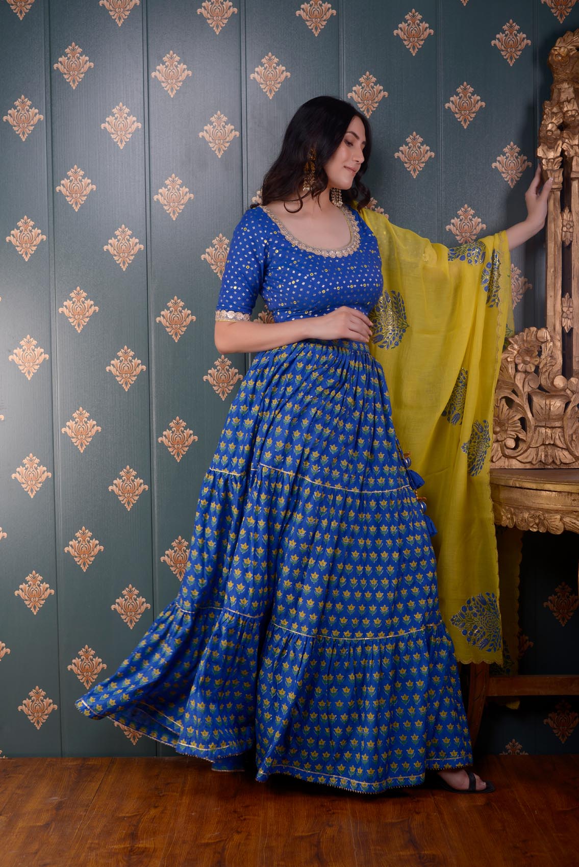 Jashan Royal Blue Block Printed Cotton Silk Lehenga Set Of 3