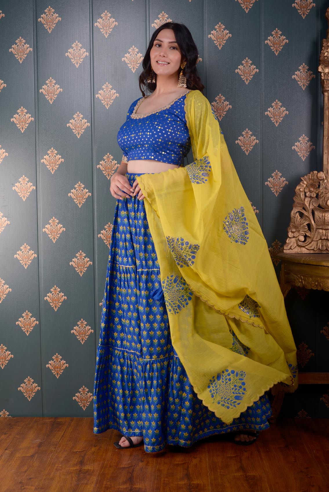 Jashan Royal Blue Block Printed Cotton Silk Lehenga Set Of 3