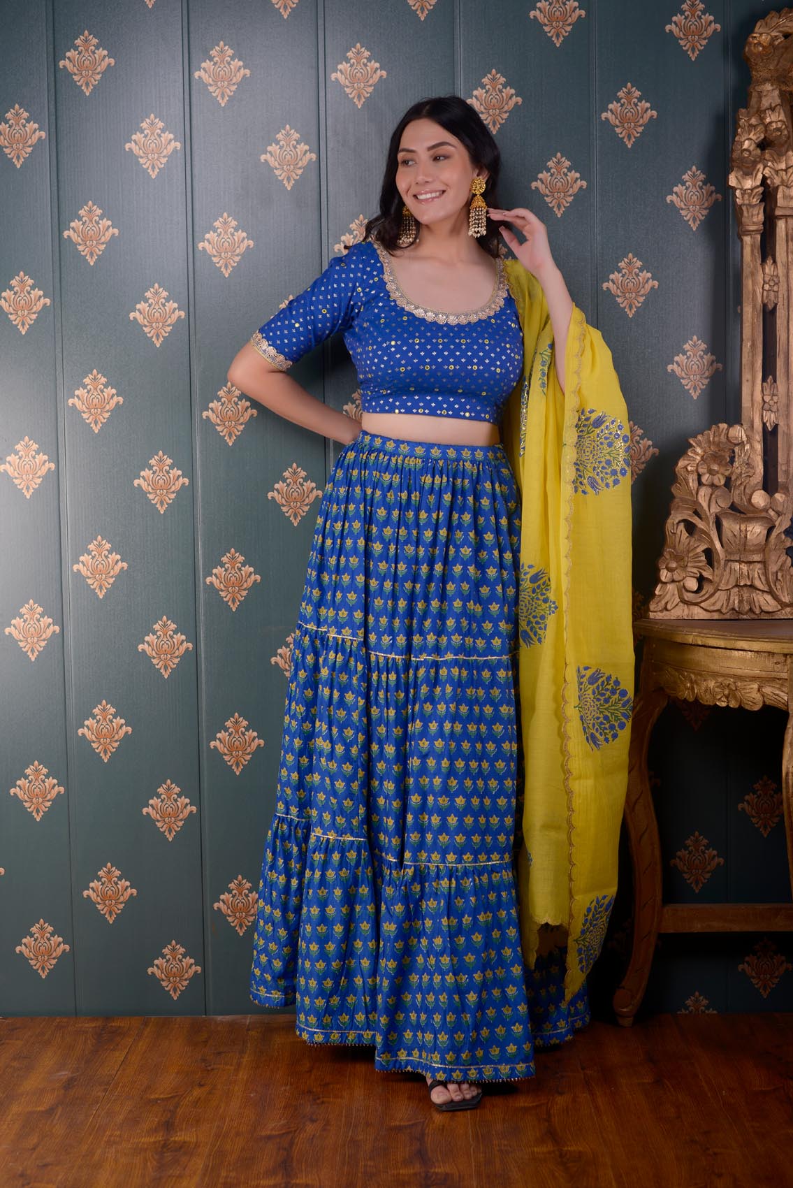 Jashan Royal Blue Block Printed Cotton Silk Lehenga Set Of 3