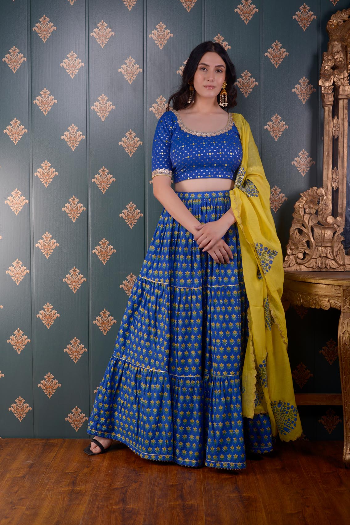 Jashan Royal Blue Block Printed Cotton Silk Lehenga Set Of 3