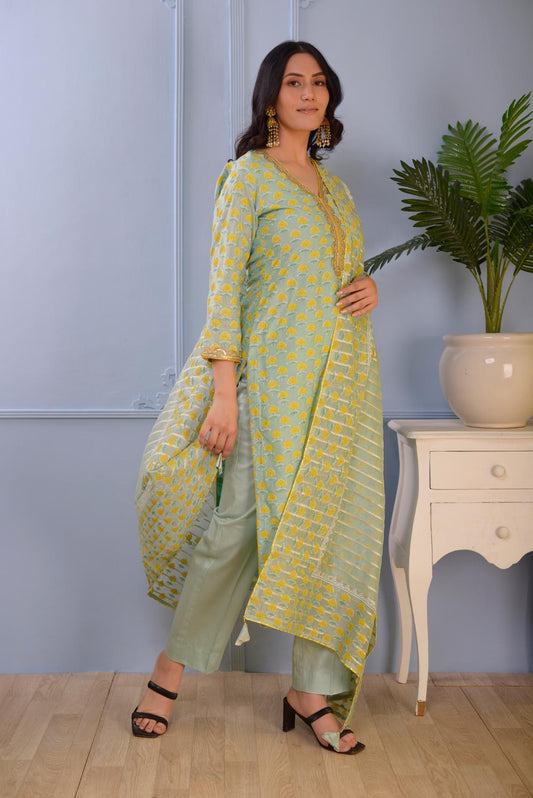 Jashan See Green Block Printed Cotton Silk Kurta Set Of 3