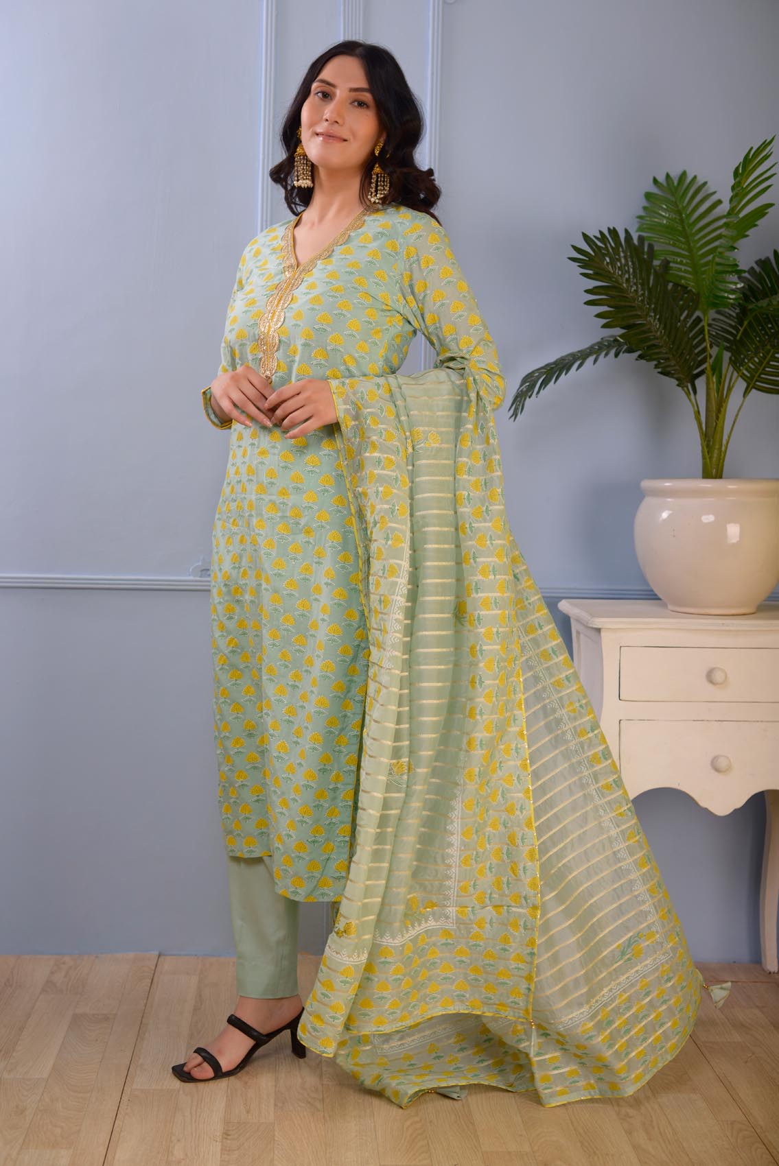 Jashan See Green Block Printed Cotton Silk Kurta Set Of 3