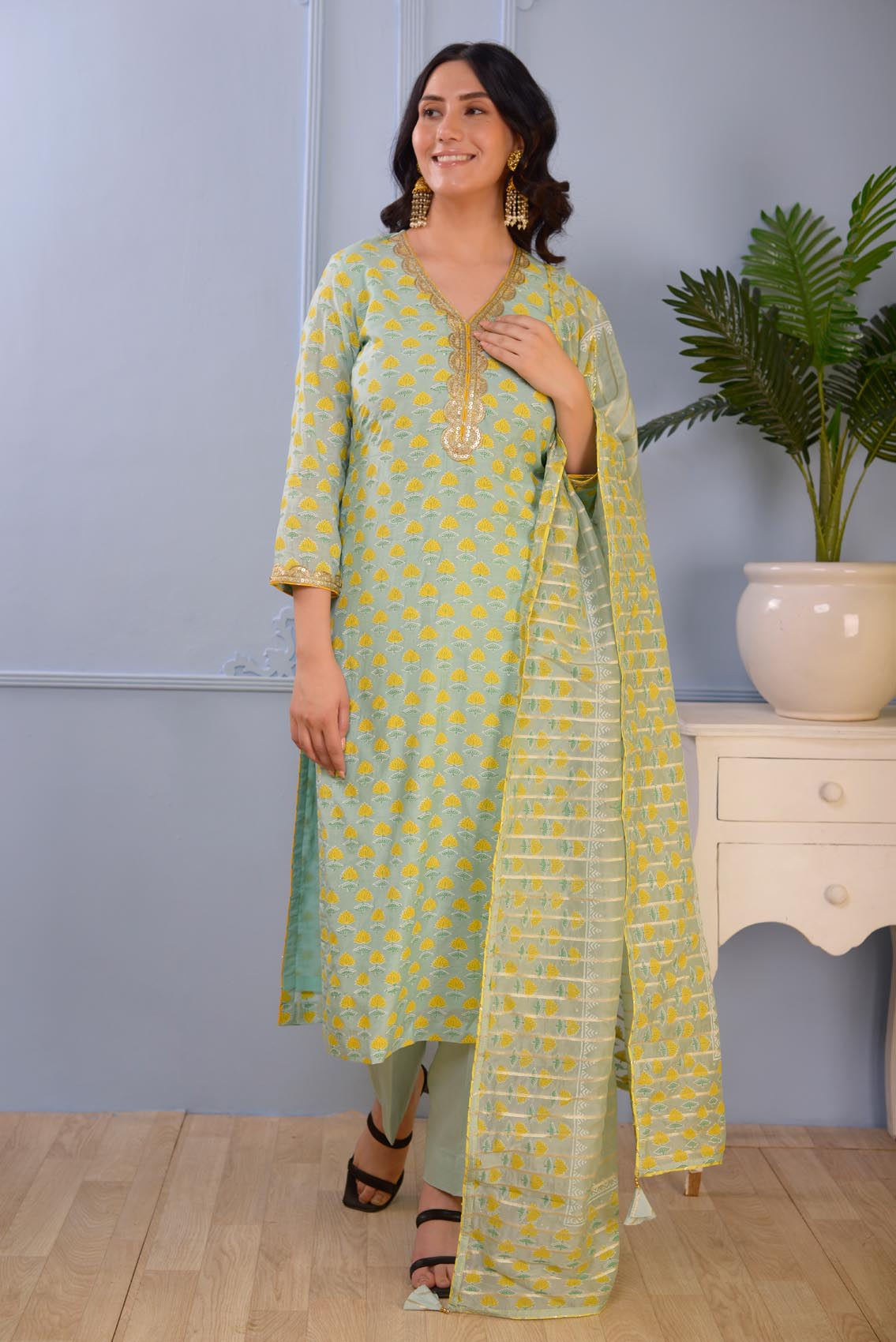 Jashan See Green Block Printed Cotton Silk Kurta Set Of 3