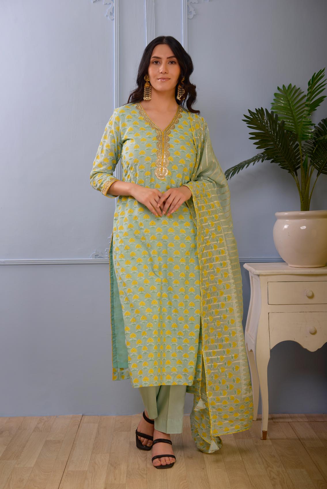 Jashan See Green Block Printed Cotton Silk Kurta Set Of 3