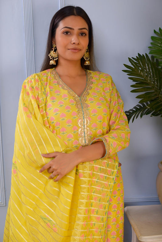 Jashan Lemon Yellow Block Printed Cotton Silk Kurta Set Of 3