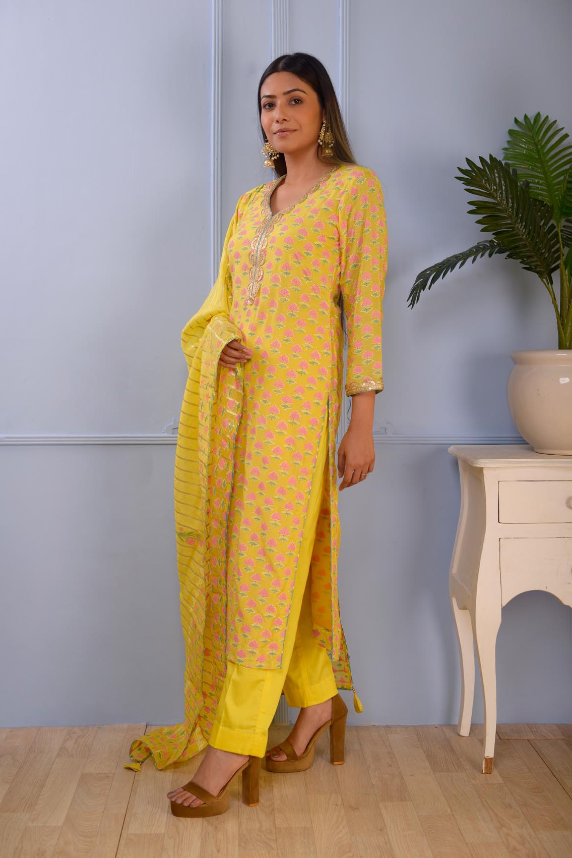 Jashan Lemon Yellow Block Printed Cotton Silk Kurta Set Of 3