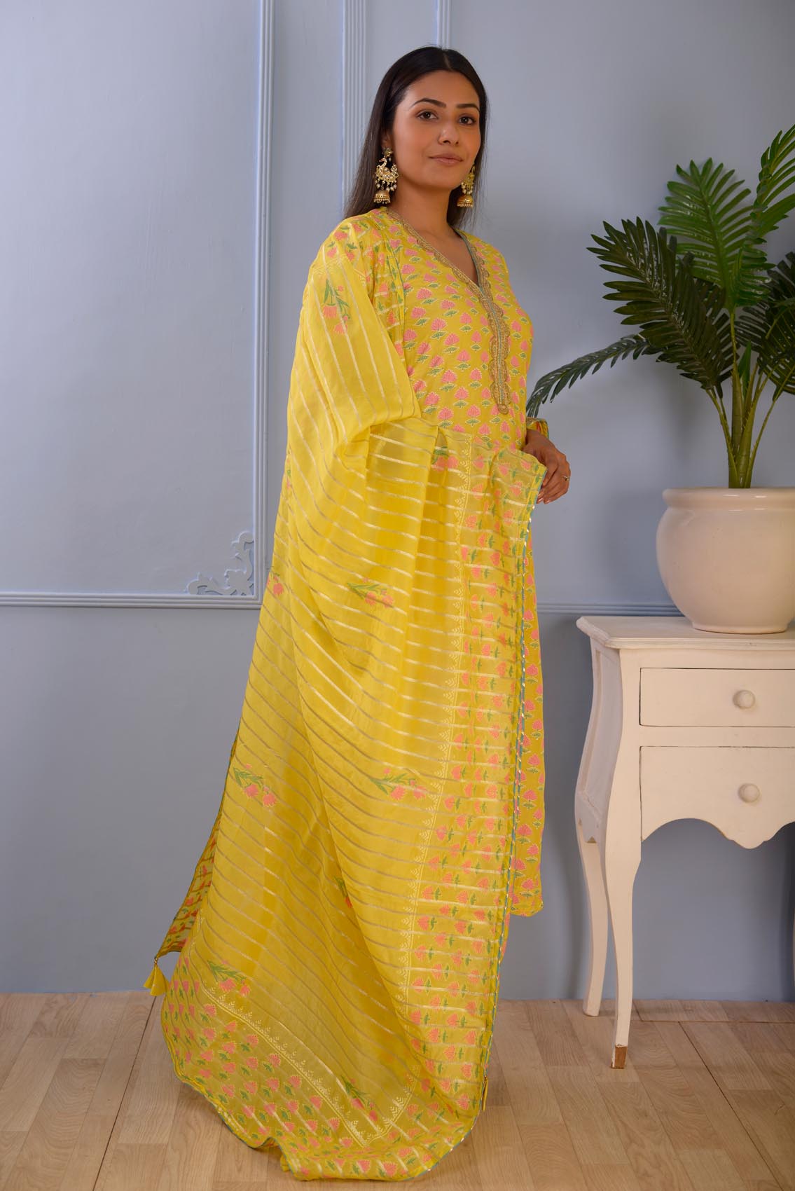 Jashan Lemon Yellow Block Printed Cotton Silk Kurta Set Of 3