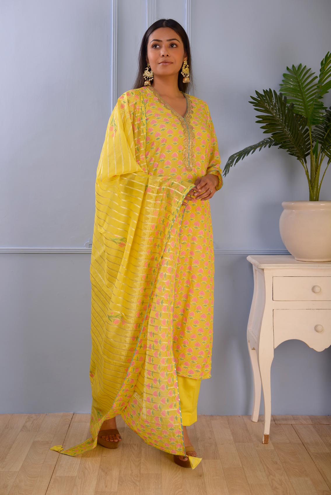 Jashan Lemon Yellow Block Printed Cotton Silk Kurta Set Of 3