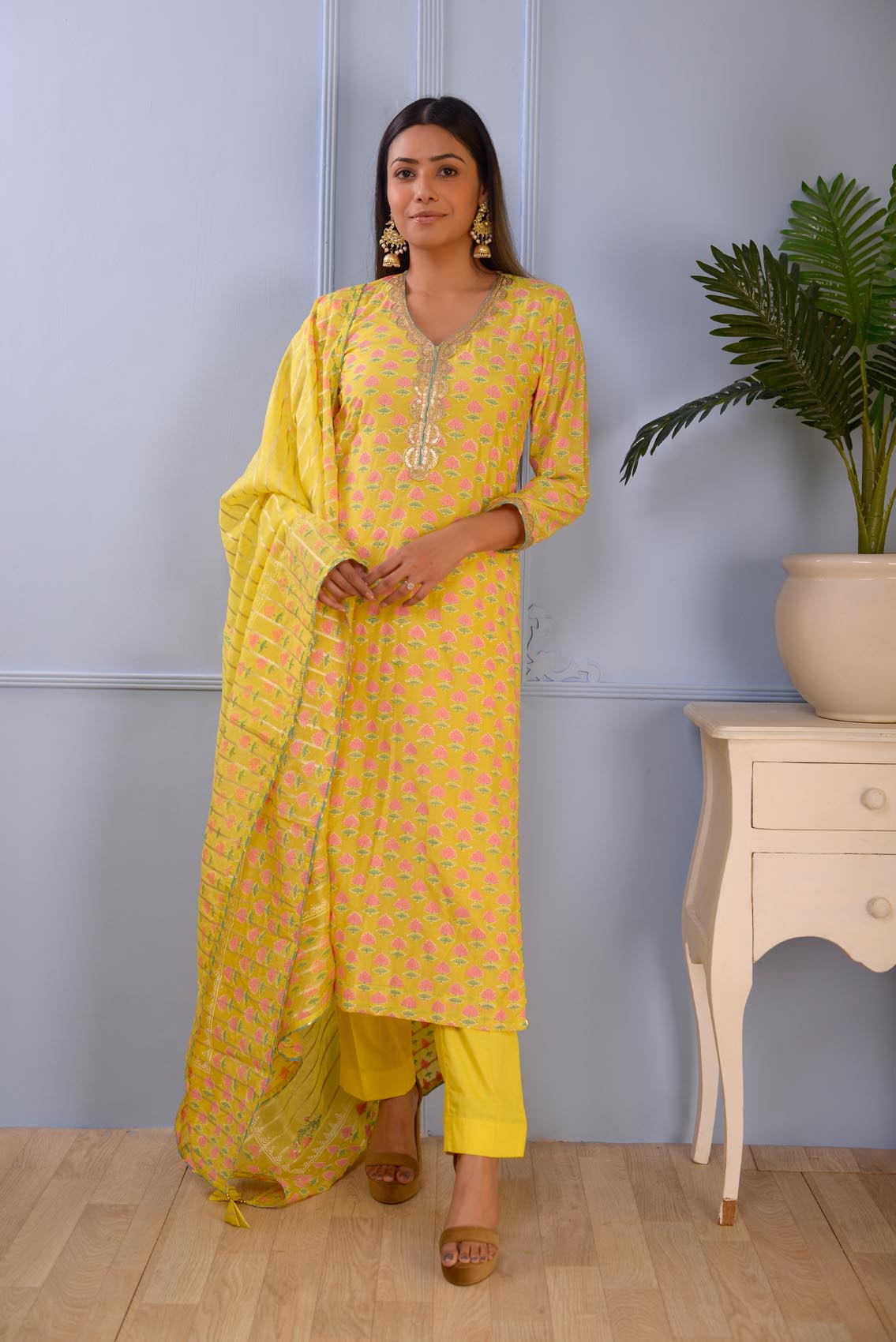 Jashan Lemon Yellow Block Printed Cotton Silk Kurta Set Of 3