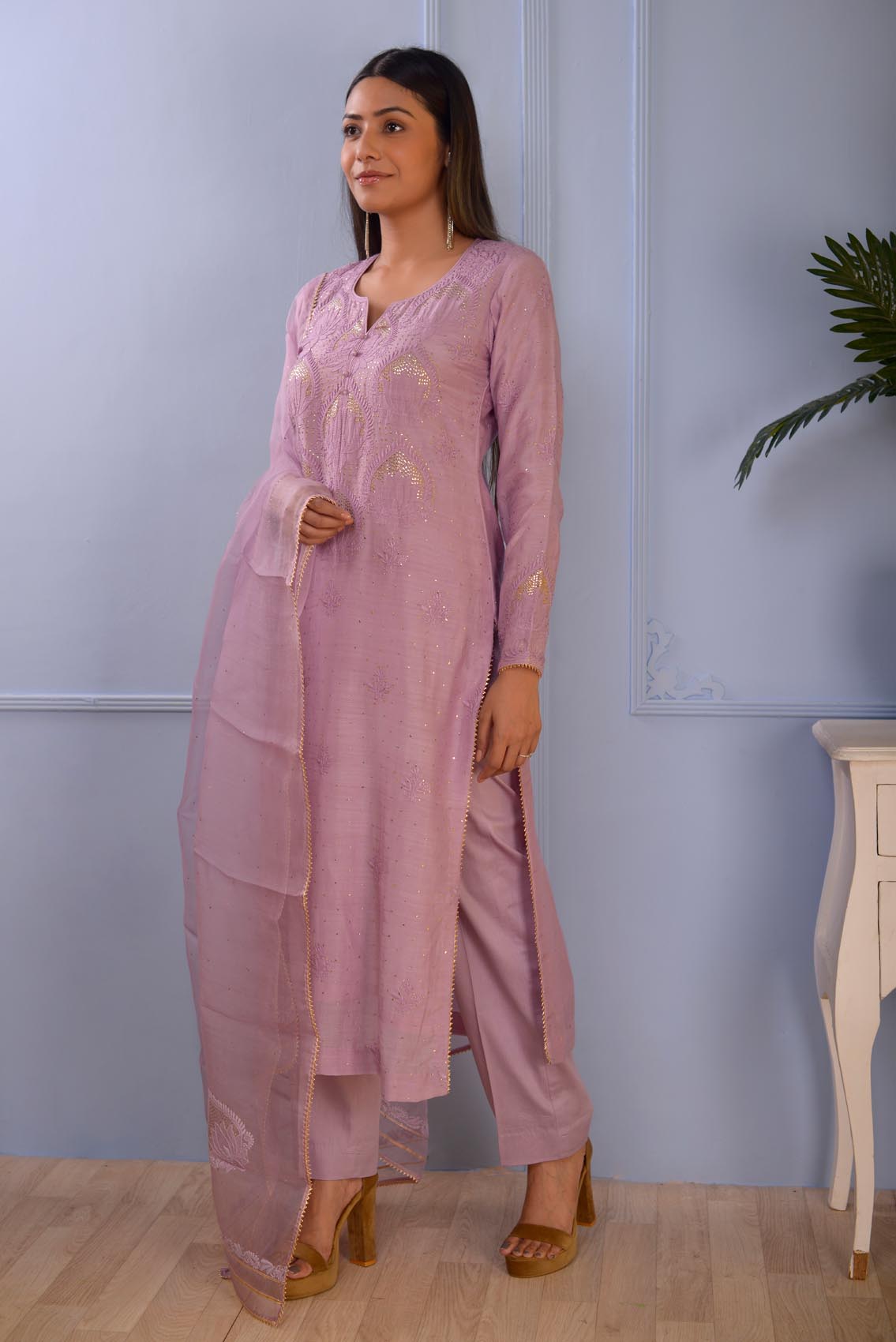 Jashan Lilac Lucknowi Cotton Silk Kurta Set Of 3