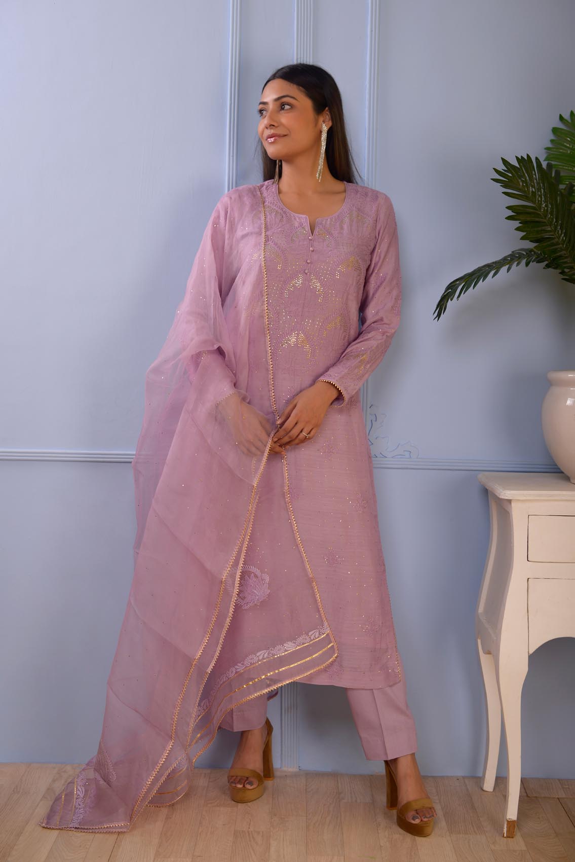 Jashan Lilac Lucknowi Cotton Silk Kurta Set Of 3