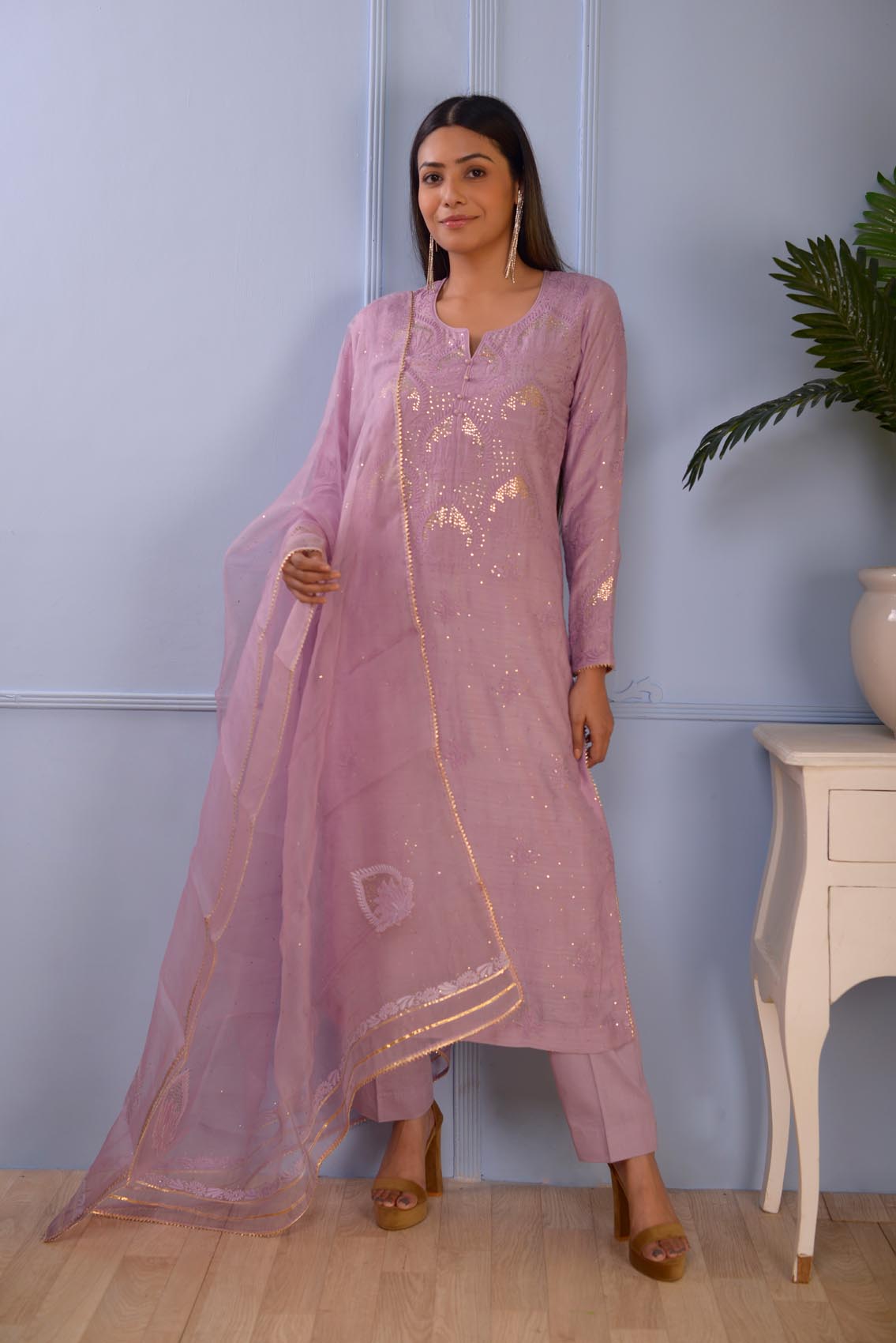 Jashan Lilac Lucknowi Cotton Silk Kurta Set Of 3