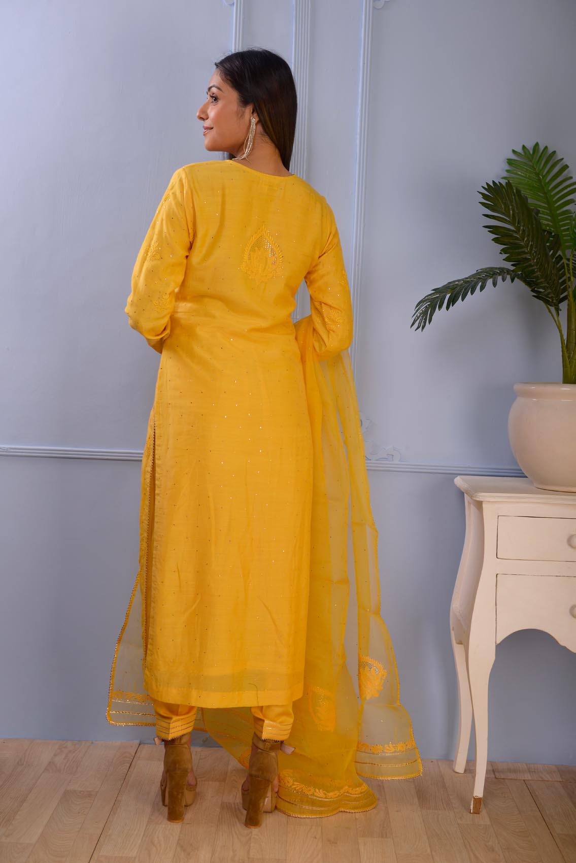 Jashan Mustered Yellow Lucknowbi Cotton Silk Kurta Set Of 3